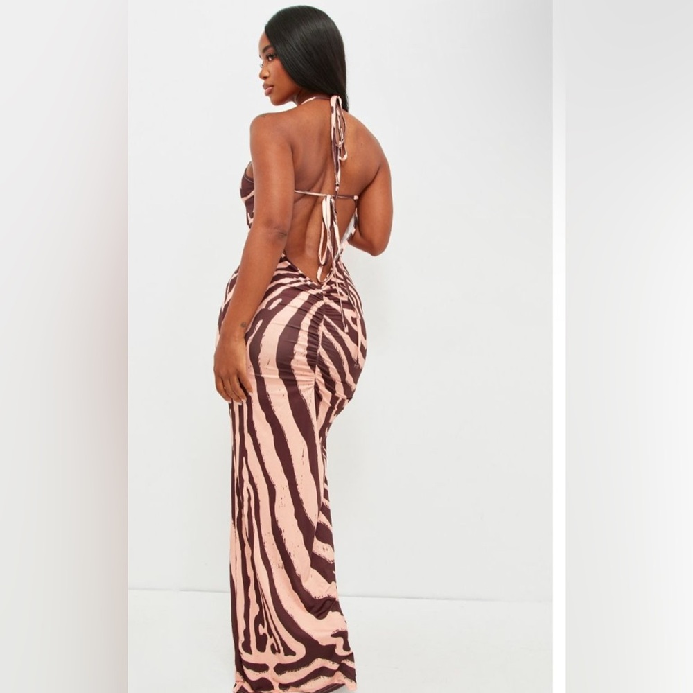 PrettyLittleThing Brown Tan Backless Halter Dress